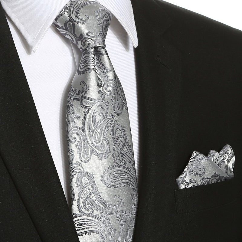 KissTies Mens 63'' XL Extra Long Tie Set Silver Gray Paisley Necktie Hanky + Gift Box - Image 2